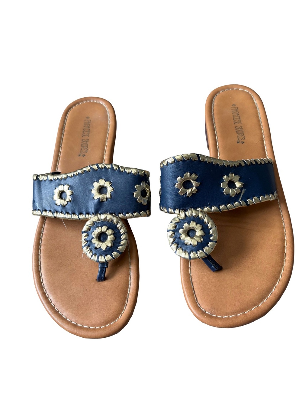 Midnight Navy & Metallic Gold Whipstitched Floral RondelleToe Thong Sandals